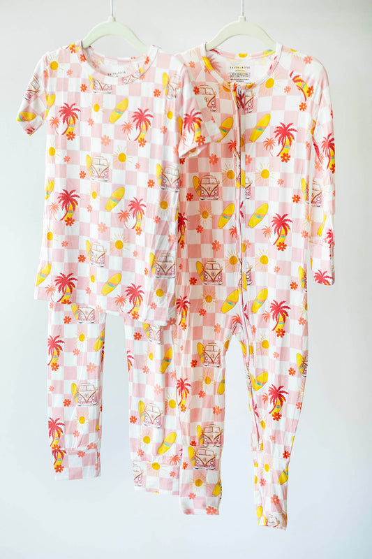 Retro Beach Zipper Pajama - Pink